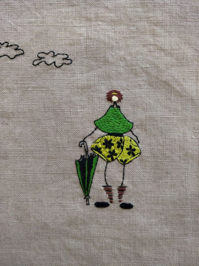 Détail sac en lin avec broderie main et doublure